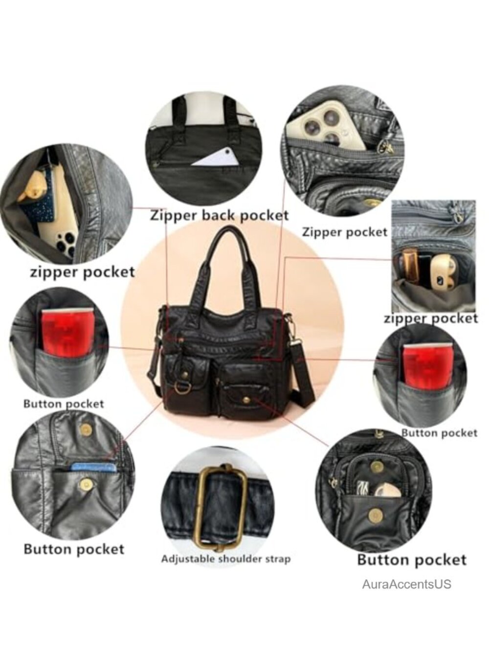 Hobo Handbag Top Handle Satchel Purse PU Leather Multi-Pocket - Picture 3 of 6
